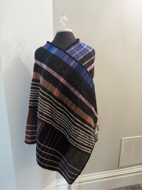 Missoni Striped Knit Poncho / Cape in Black with Pink, Blue & Brown Accents
